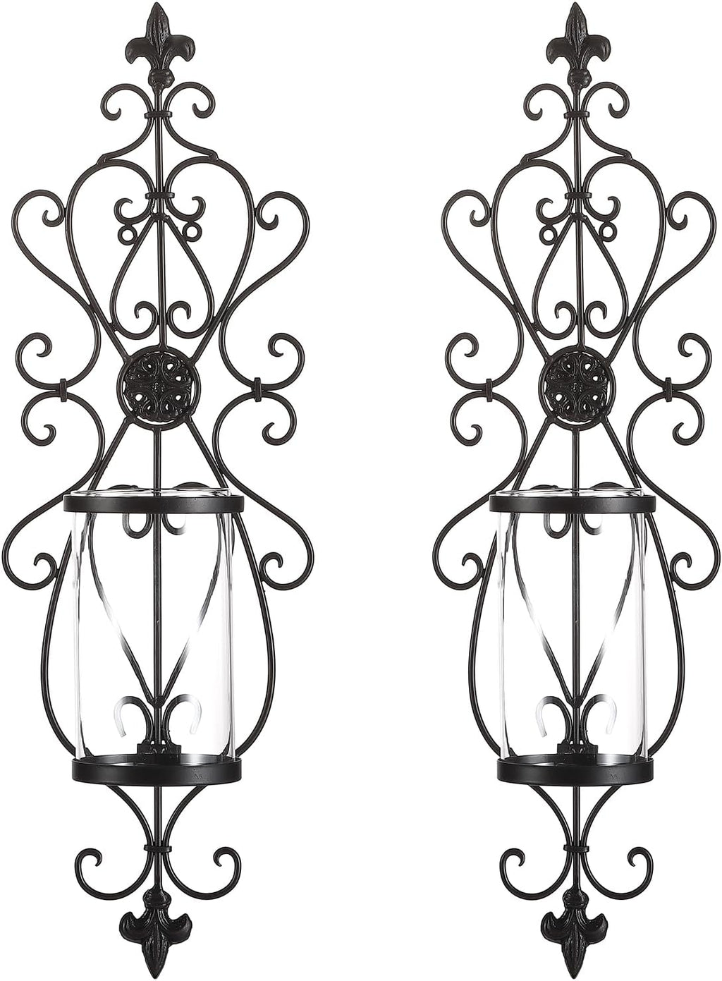 24" Hurricane Wall Sconces Set of Two- Antique Iron & Glass Candle Holders, Wall Sconces Set of Two Candle Holder