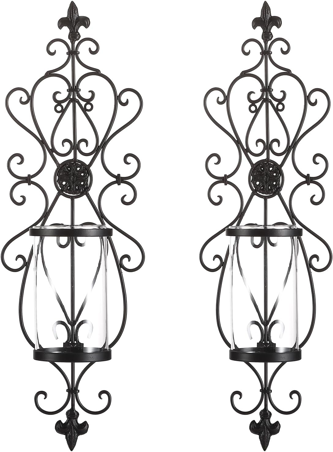 24" Hurricane Wall Sconces Set of Two- Antique Iron & Glass Candle Holders, Wall Sconces Set of Two Candle Holder