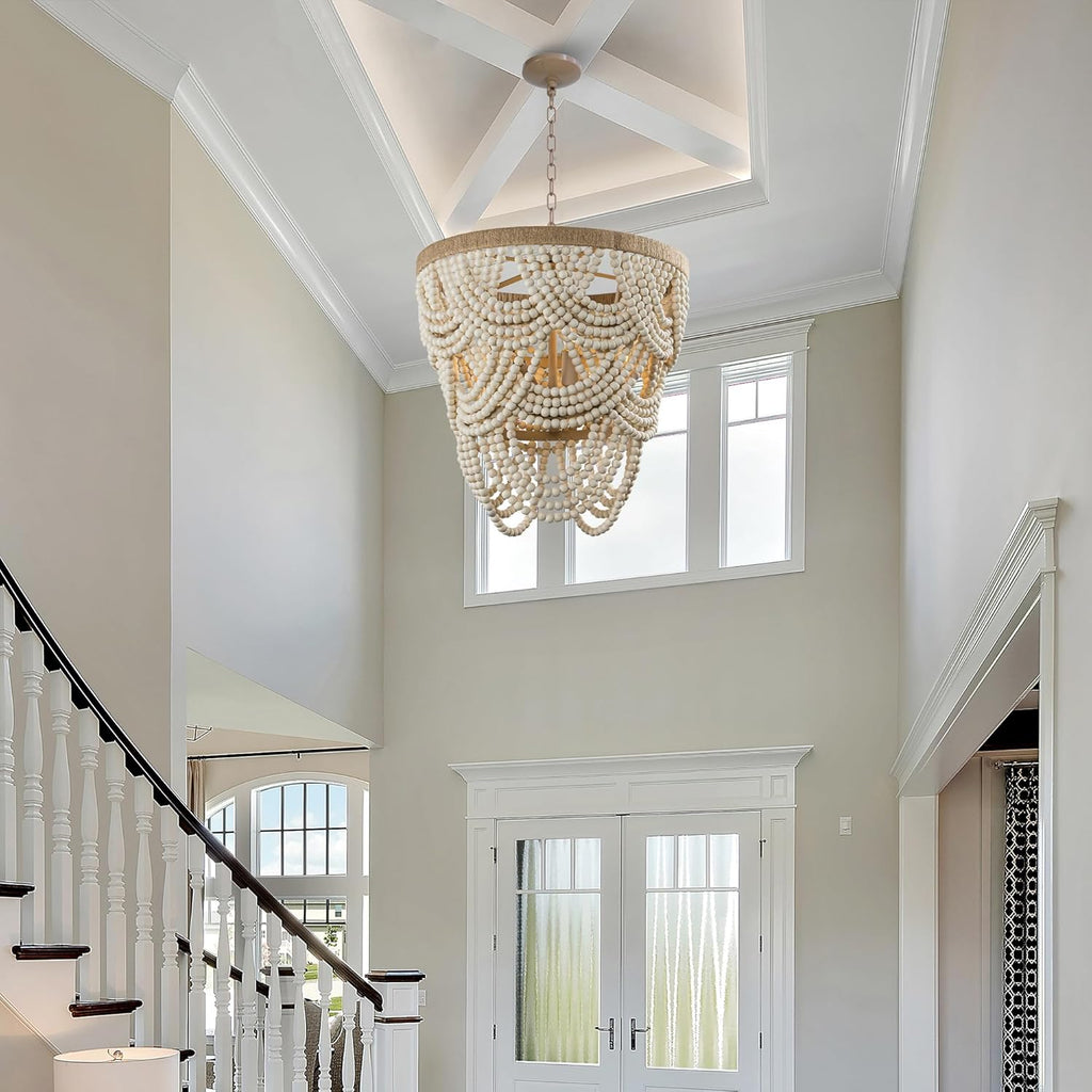 Rustic Chandeliers Farmhouse Wooden Beaded Chandelier Lights, 4-Light Pendant Light Fixture for Dining Room Living Room, 39.4" Adjustable Chain, E12 Socket, 40W Max Each (Bulbs Not Included)