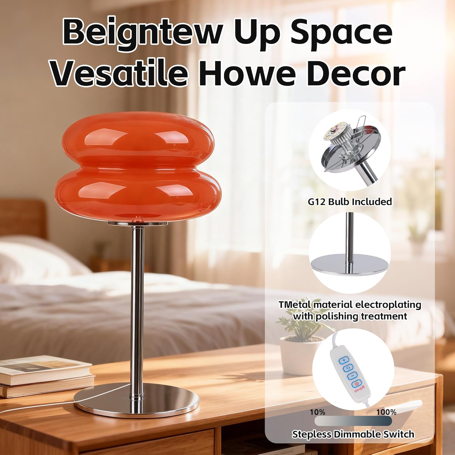 Bedroom Mushroom lamp, Medieval Modern Bedside Table lamp for Night Stands, Vintage dimmable Small Lamps, Cute Cool Desk Lamps Home Room Aesthetic Decor for Living Room(Orange)