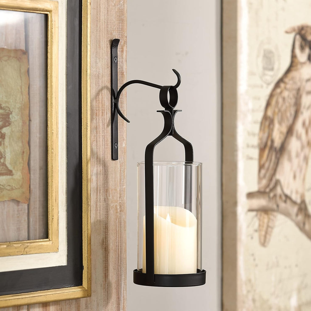 Hanging Hurricane Glass Wall Sconce Candle Holder Black Metal Wall Decorations HLJ15-291B
