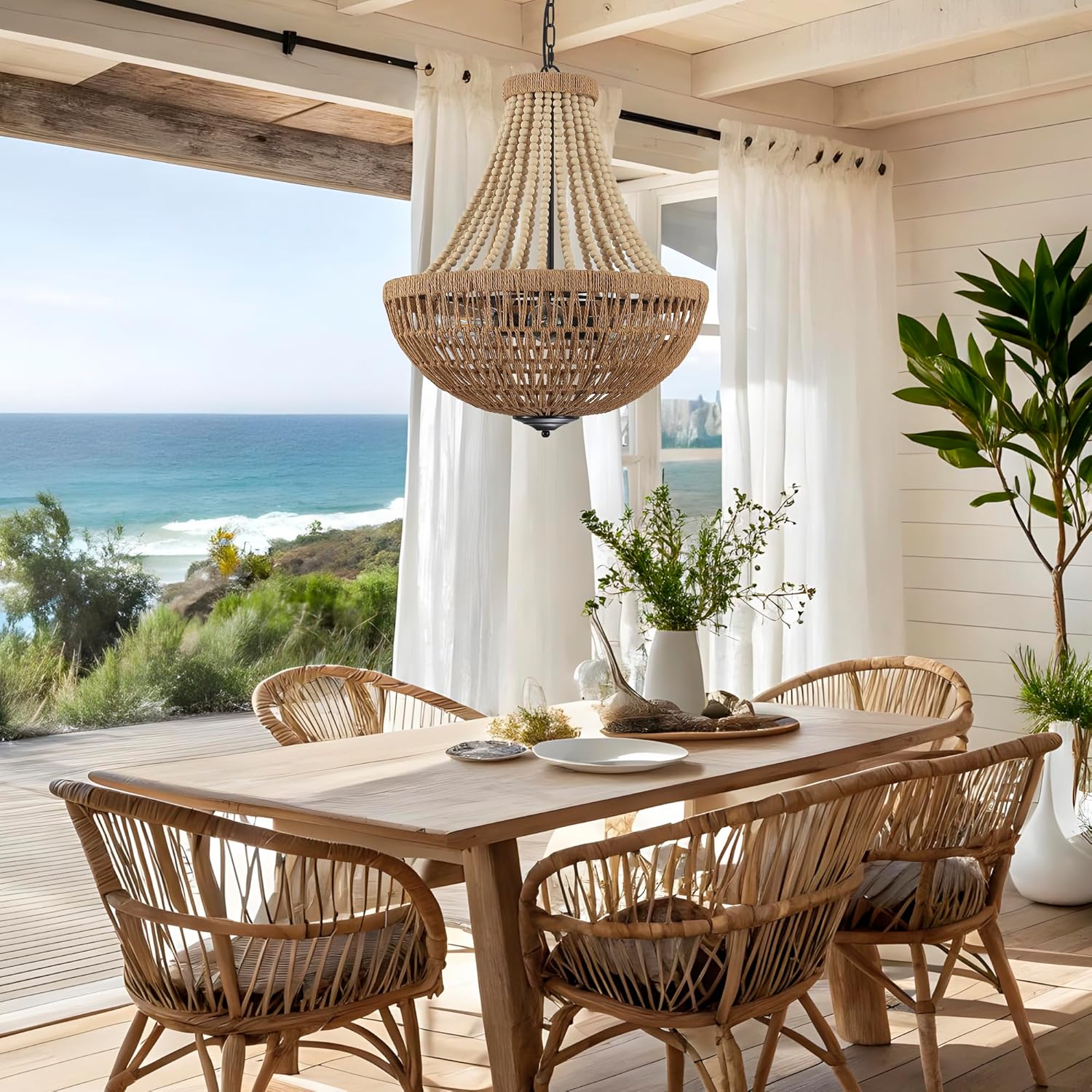22" Wood Beaded Chandelier Boho Farmhouse Pendant Light Fixtures Bohemia Hand-Woven Rattan Chandeliers for Dining Room Kitchen Island Living Room 5-Lights