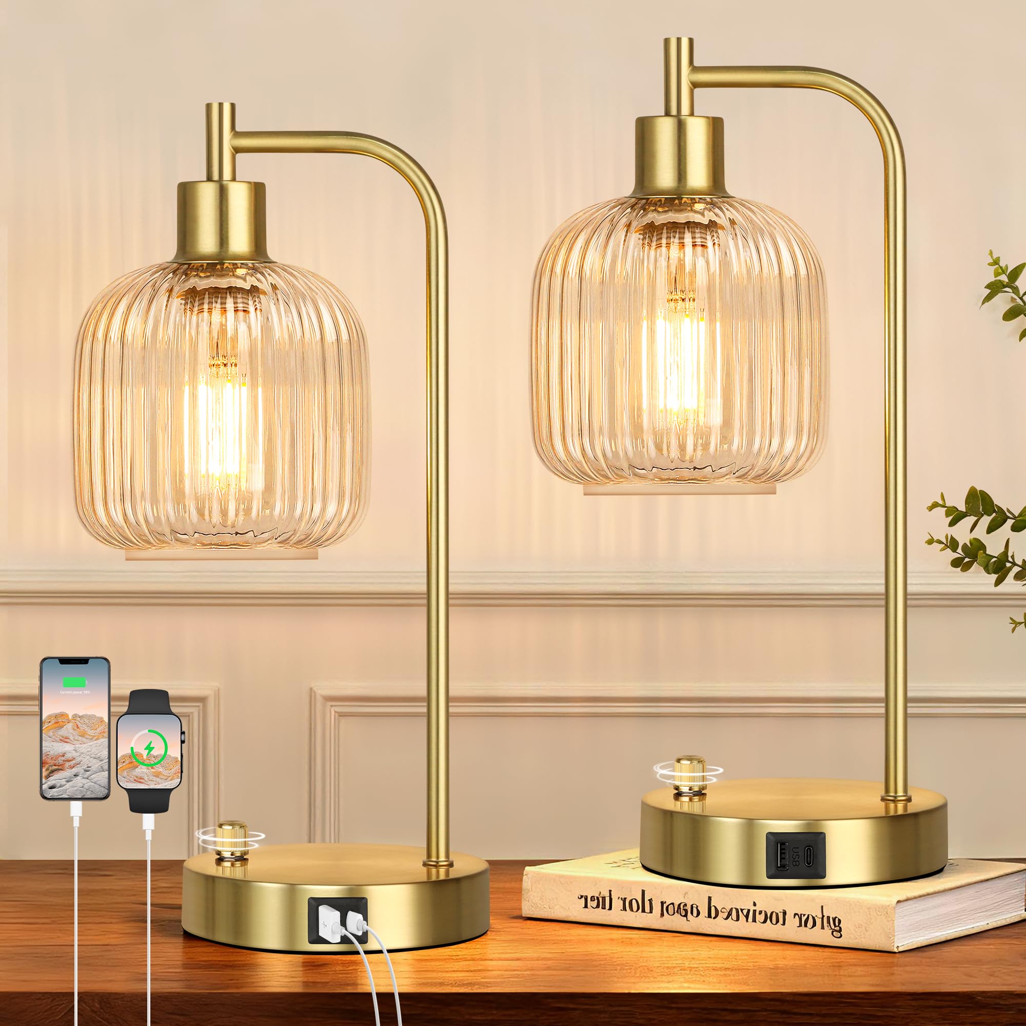 QiMH Industrial Table Lamp for Bedroom Set of 2, Green Glass Beside Lamp with USB A&C Ports, Stepless Dimmable Gold Lamps, Nightstand Lamps for Living Room, Office, Home Decor(Bulb Included)