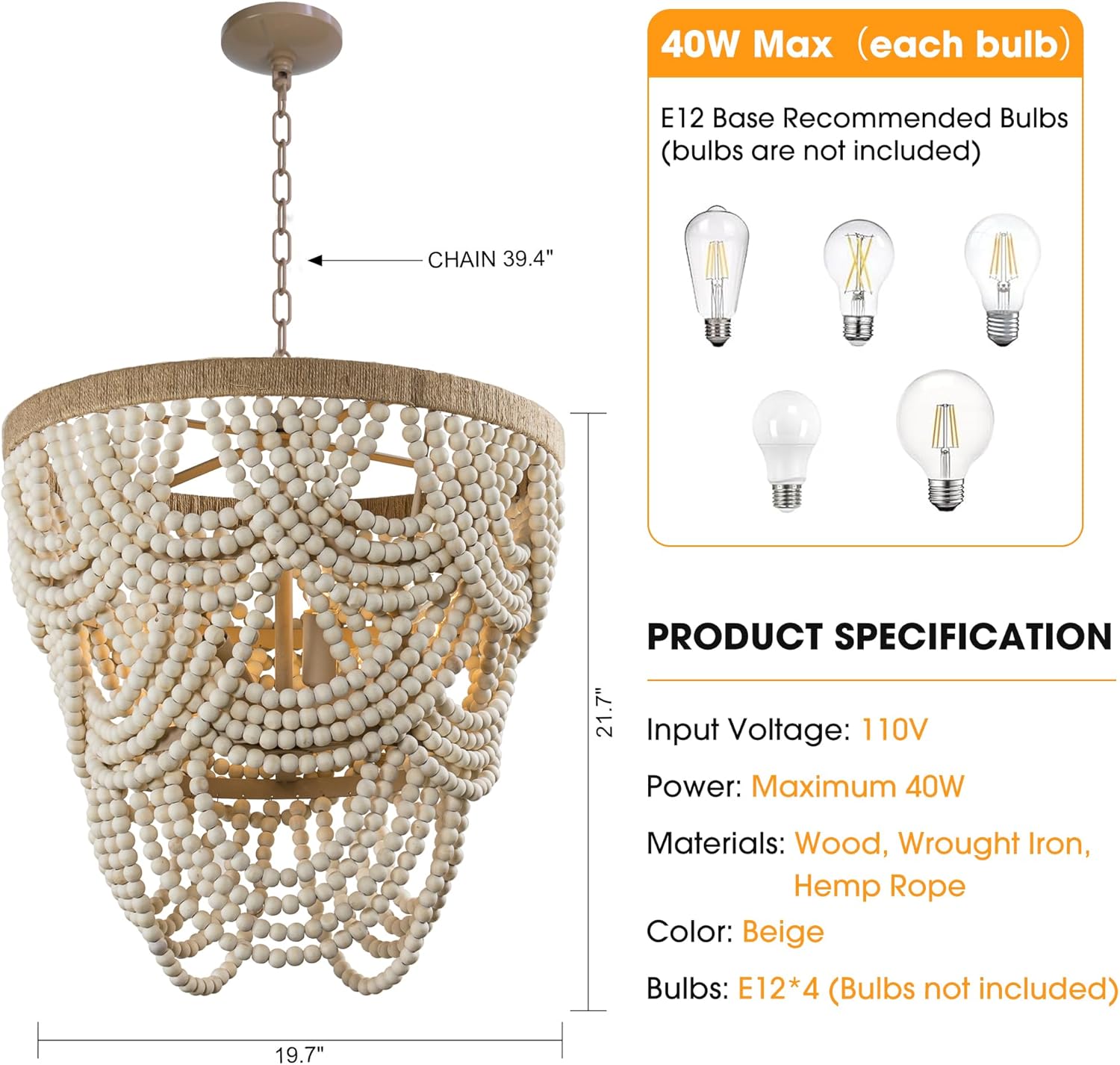 Rustic Chandeliers Farmhouse Wooden Beaded Chandelier Lights, 4-Light Pendant Light Fixture for Dining Room Living Room, 39.4" Adjustable Chain, E12 Socket, 40W Max Each (Bulbs Not Included)