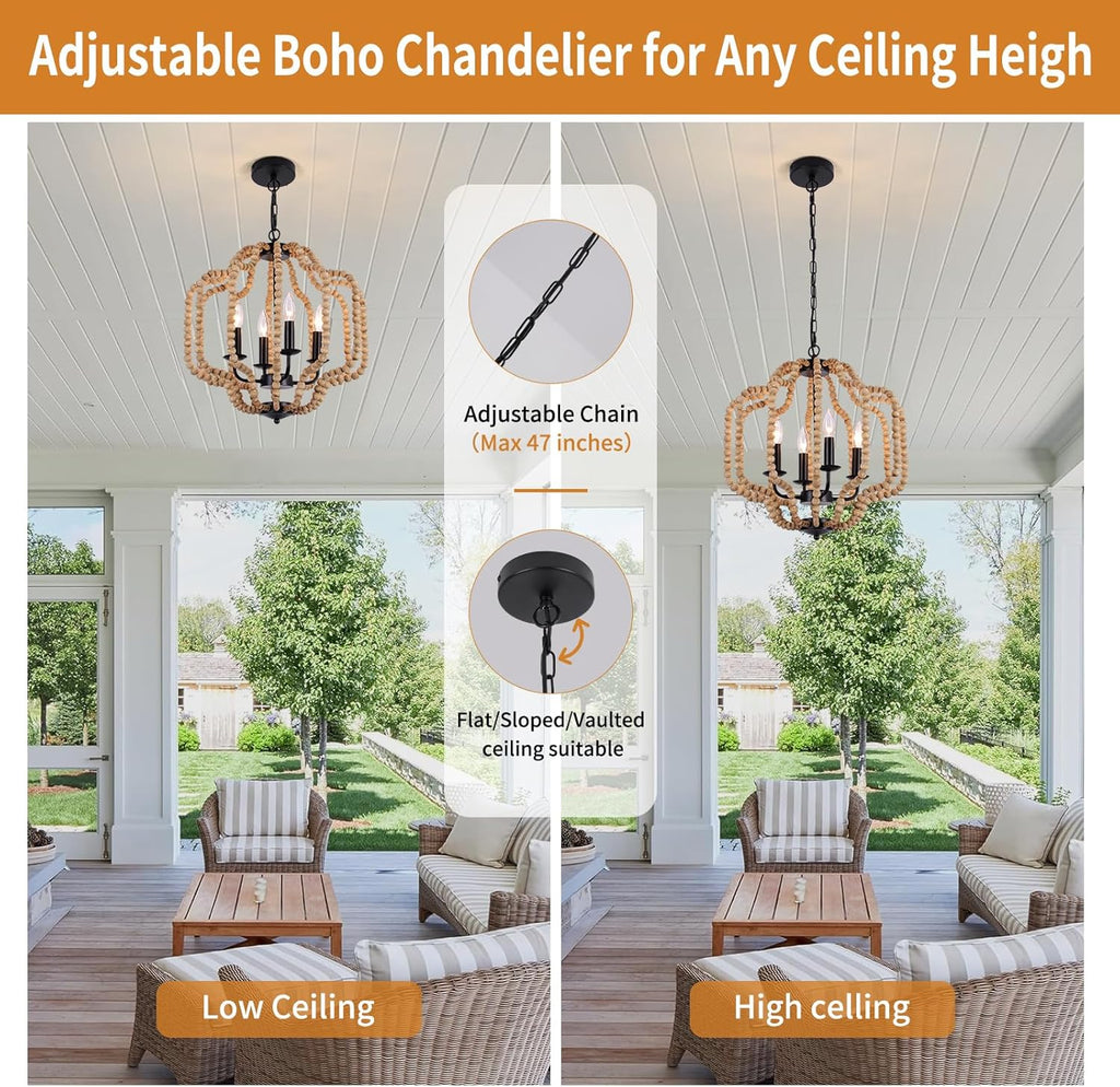 17.7" Boho Wood Beaded Chandelier, Farmhouse Rustic Pendant Light Fixture with Adjustable Chain, 4-Light Dimmable for Bedroom, Dining Room, Kitchen Island, Entryway, Living Room, Hallway, Bathroom