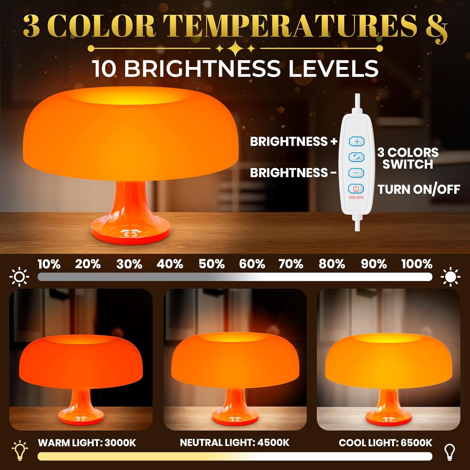 Orange Mushroom Lamp for Bedroom – Dimmable Vintage Mushroom Lamps Power 5W with 3 Lighting Colors & 10 Brightness – USB Powered Nightstand Retro Lamp for Reading Room, Office, Dorm | ABS + PVC Build