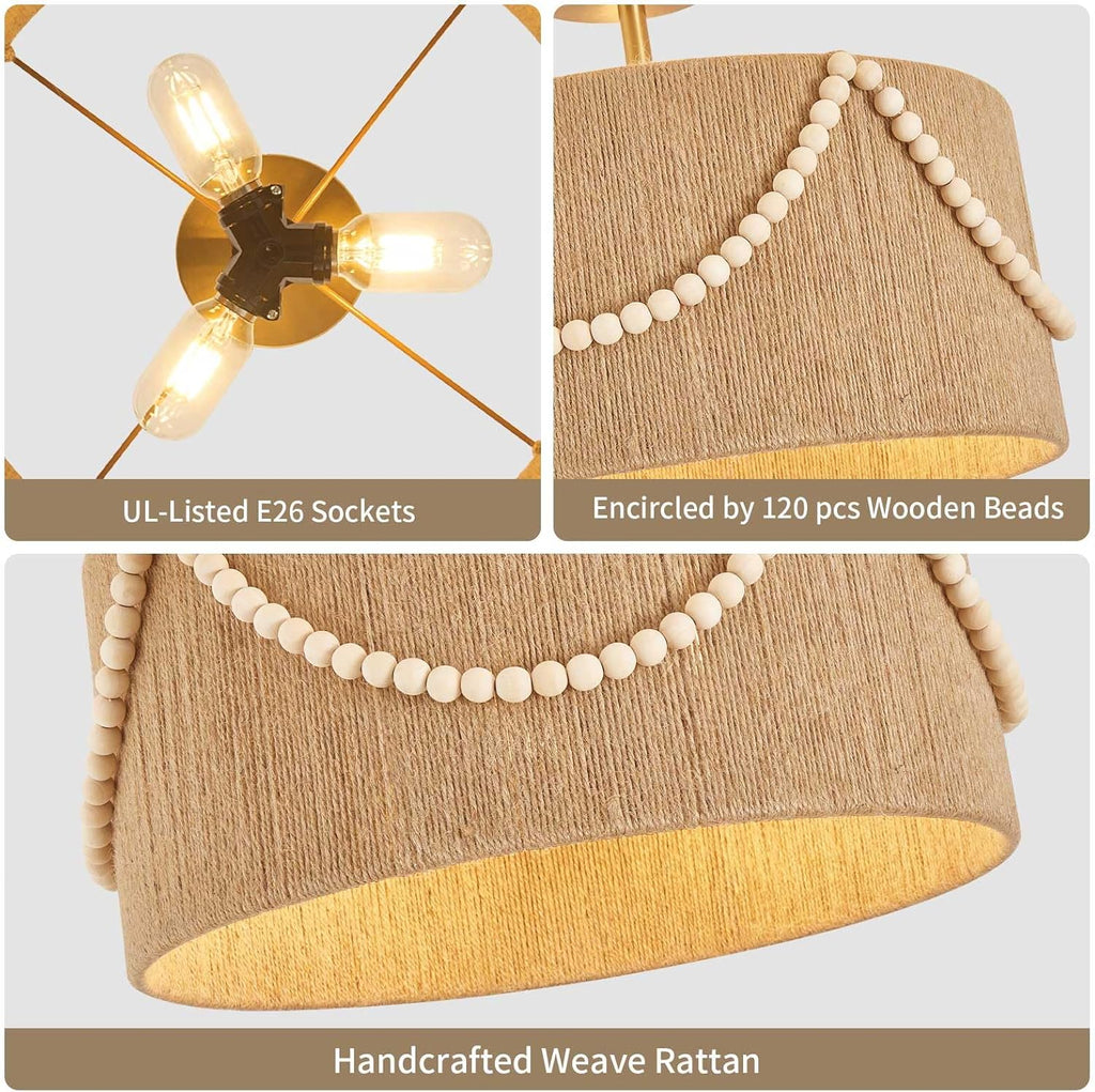 16'' Semi Flush Mount Ceiling Light,Boho Rattan Handmade Light Fixtures,3-Light Coastal Hemp Rope Ceiling Light with wooden beads,Farmhouse Rustic Ceiling Lights for Kitchen,Dining Room,Bedroom
