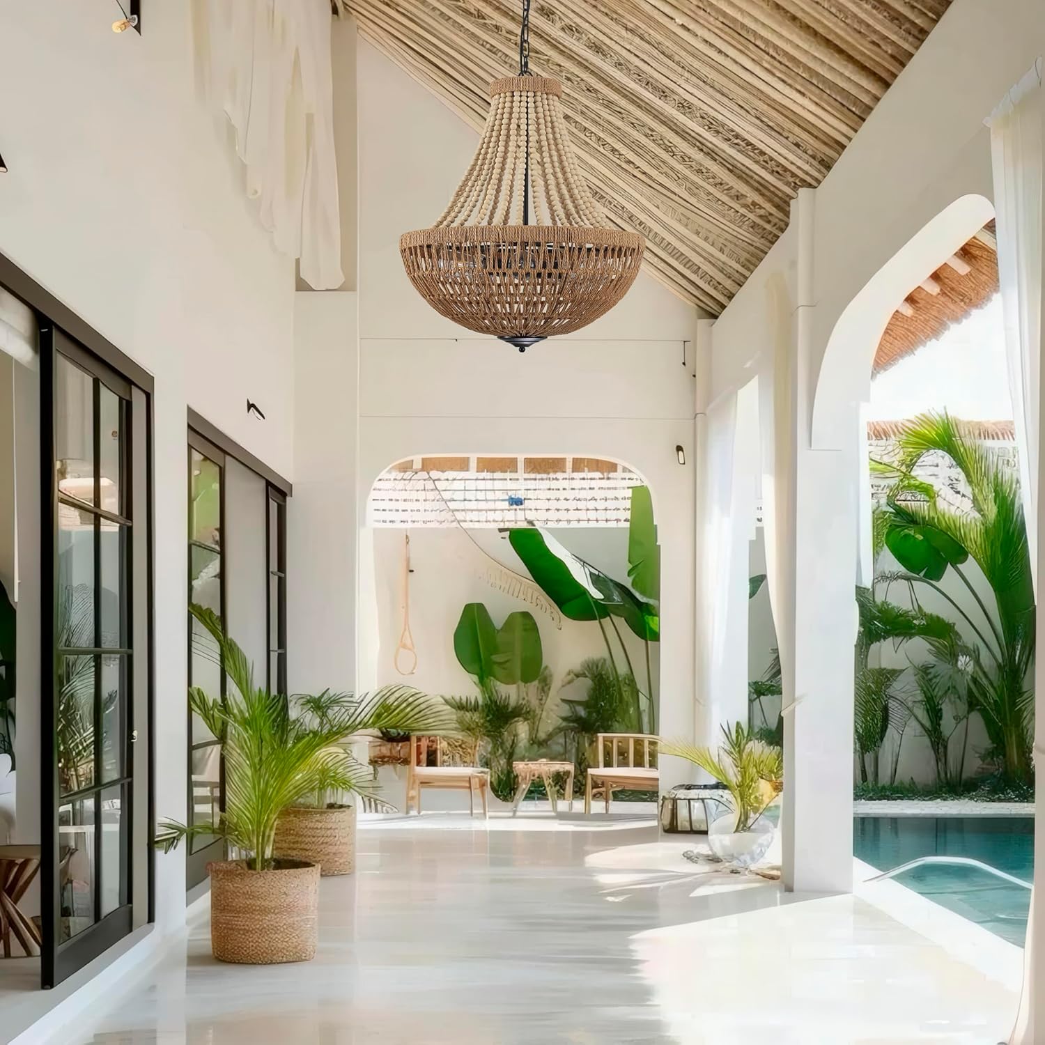 22" Wood Beaded Chandelier Boho Farmhouse Pendant Light Fixtures Bohemia Hand-Woven Rattan Chandeliers for Dining Room Kitchen Island Living Room 5-Lights