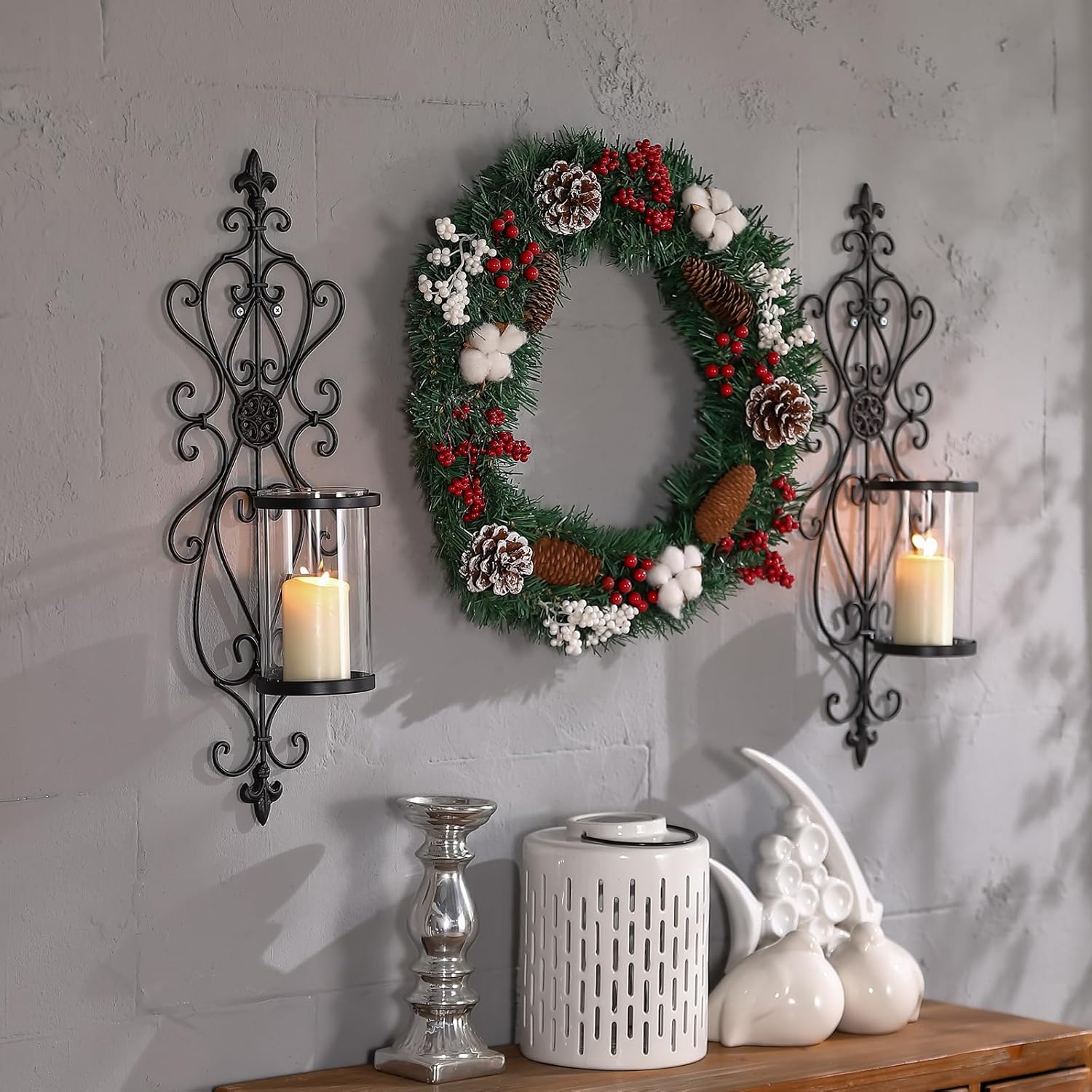 24" Hurricane Wall Sconces Set of Two- Antique Iron & Glass Candle Holders, Wall Sconces Set of Two Candle Holder