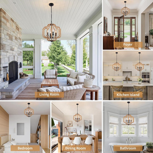 17.7" Boho Wood Beaded Chandelier, Farmhouse Rustic Pendant Light Fixture with Adjustable Chain, 4-Light Dimmable for Bedroom, Dining Room, Kitchen Island, Entryway, Living Room, Hallway, Bathroom
