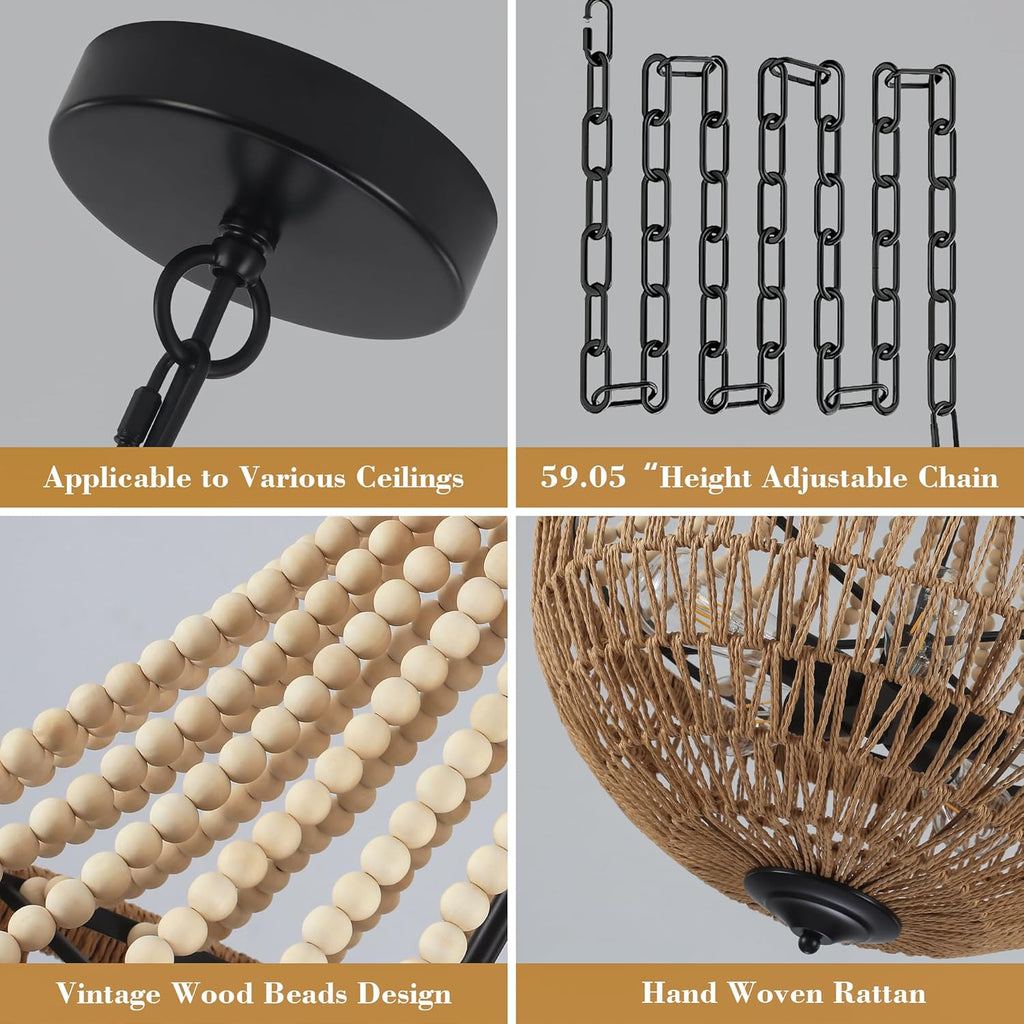 22" Wood Beaded Chandelier Boho Farmhouse Pendant Light Fixtures Bohemia Hand-Woven Rattan Chandeliers for Dining Room Kitchen Island Living Room 5-Lights