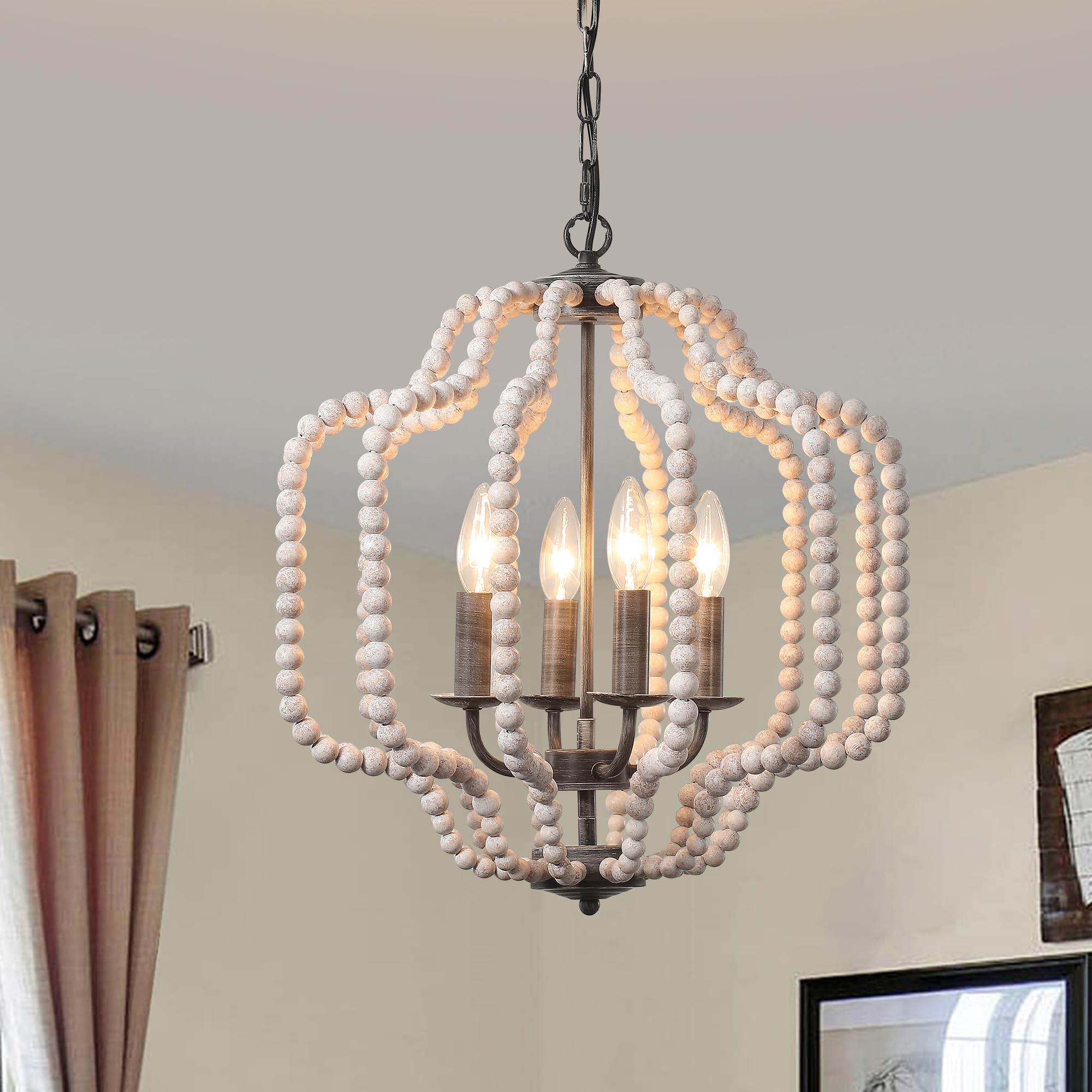 17.7" Boho Wood Beaded Chandelier, Farmhouse Rustic Pendant Light Fixture with Adjustable Chain, 4-Light Dimmable for Bedroom, Dining Room, Kitchen Island, Entryway, Living Room, Hallway, Bathroom