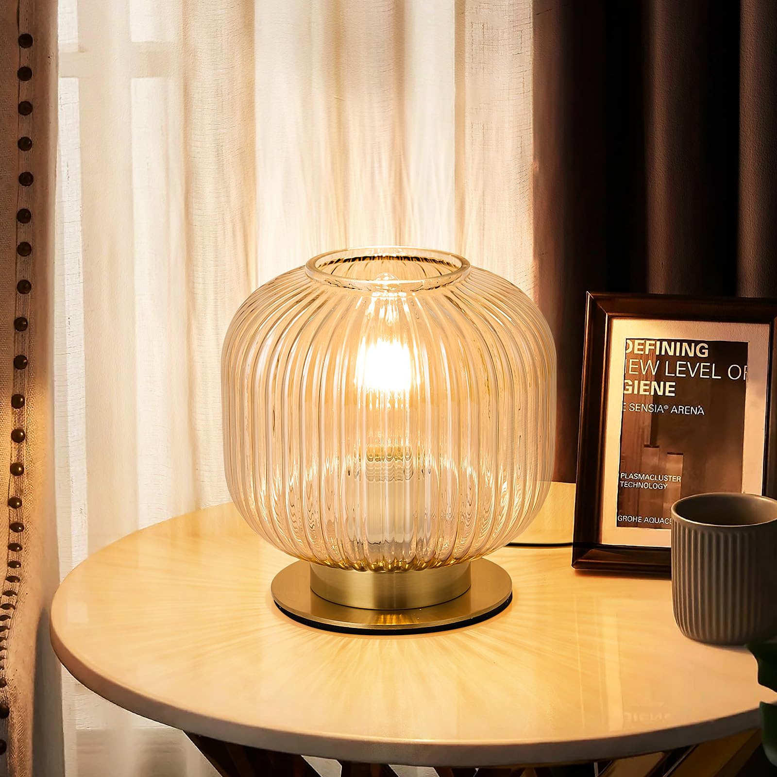 NKU Vintage Green Glass Table Lamp, Mid Century Ribbed Glass Desk Light with Green Shade, Decorative Accent Lamp for Bedroom Bedside Living Room Office Bookshelf