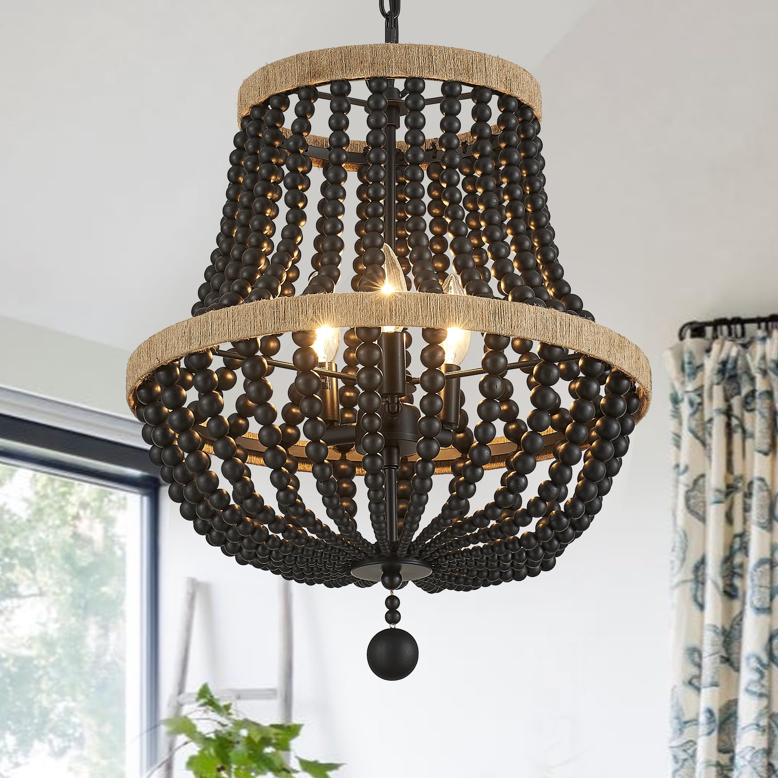3-Light Boho Chandelier Farmhouse, Wood Bead Pendant Light, Antique Rustic Hanging Light Fixture for Kitchen Island Hallway Entryway Bedroom Nursery Dining Room Foyer