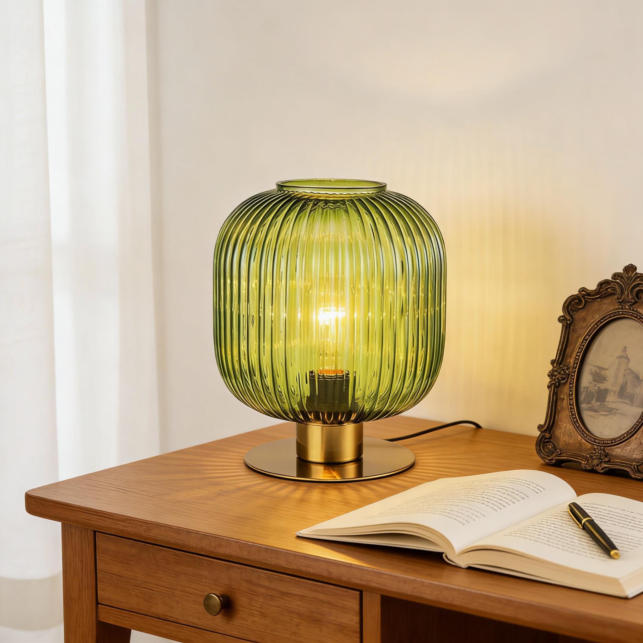 NKU Vintage Green Glass Table Lamp, Mid Century Ribbed Glass Desk Light with Green Shade, Decorative Accent Lamp for Bedroom Bedside Living Room Office Bookshelf
