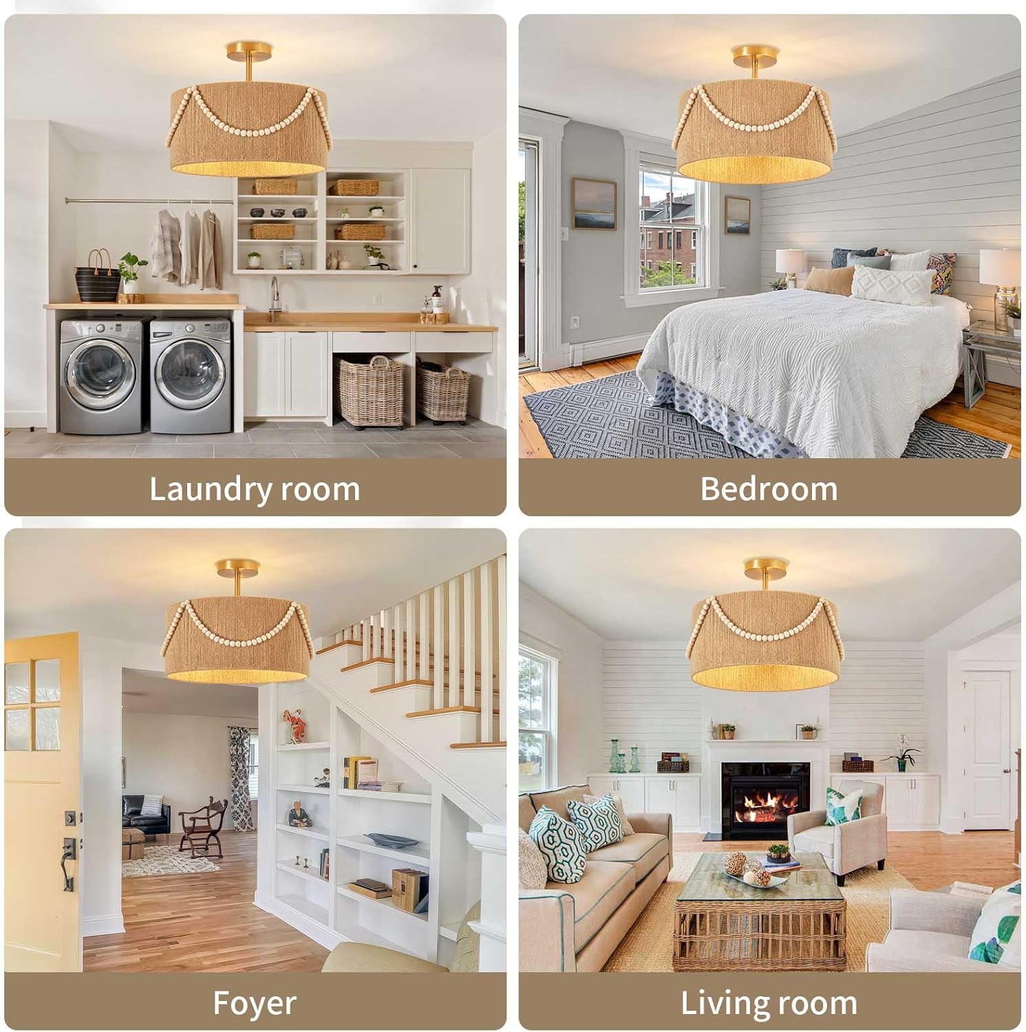 16'' Semi Flush Mount Ceiling Light,Boho Rattan Handmade Light Fixtures,3-Light Coastal Hemp Rope Ceiling Light with wooden beads,Farmhouse Rustic Ceiling Lights for Kitchen,Dining Room,Bedroom