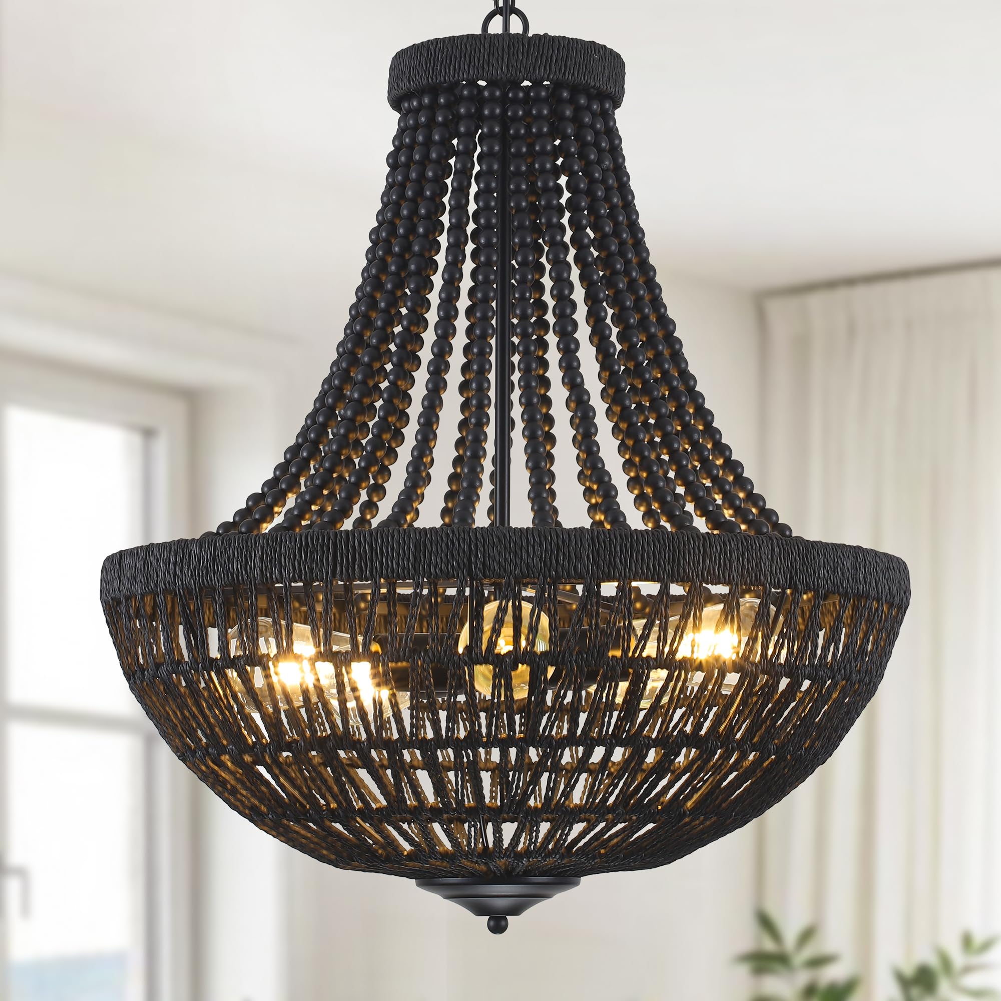 22" Wood Beaded Chandelier Boho Farmhouse Pendant Light Fixtures Bohemia Hand-Woven Rattan Chandeliers for Dining Room Kitchen Island Living Room 5-Lights