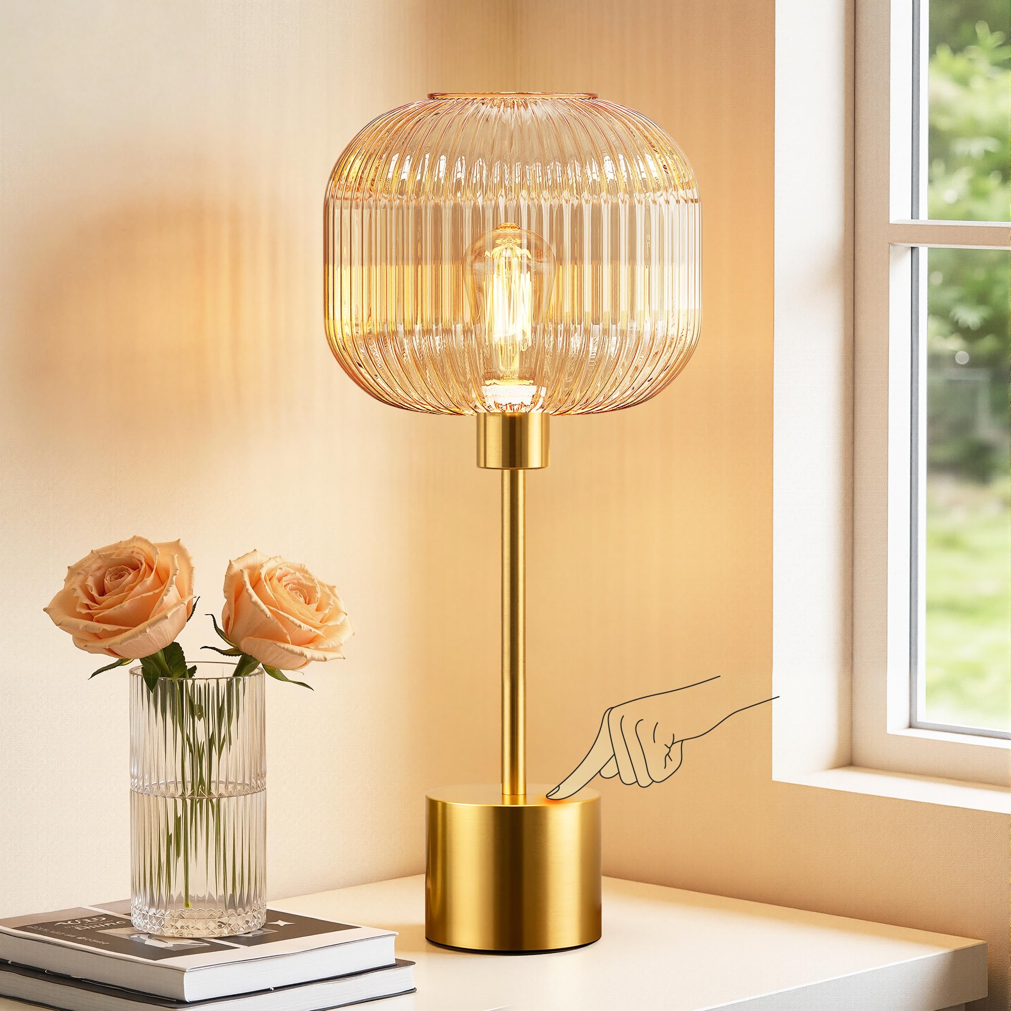 QiMH Glass Table Lamp for Living Room, Modern Bedside Lamp with Green Ribbed Glass Shade, 3-Way Dimmable Touch Control Nightstand Lamp for Bedroom, Brushed Gold (2700K LED Bulb Included)