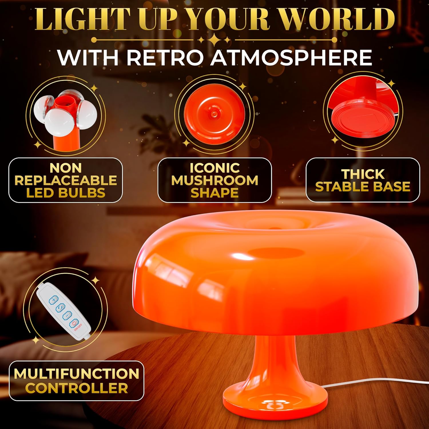 Orange Mushroom Lamp for Bedroom – Dimmable Vintage Mushroom Lamps Power 5W with 3 Lighting Colors & 10 Brightness – USB Powered Nightstand Retro Lamp for Reading Room, Office, Dorm | ABS + PVC Build