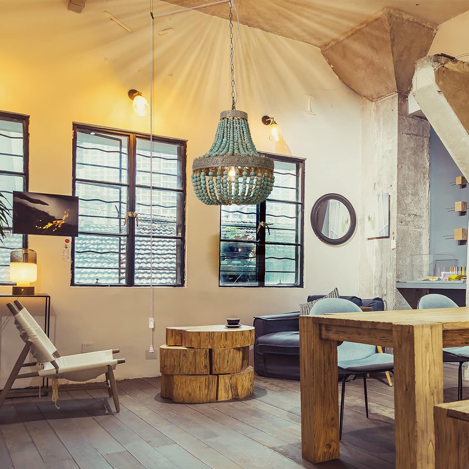 Newrays Wood Bead Chandelier Pendant Bohemian Boho Beachy Ceiling Lamp Light Fixtures (Gray Blue-Small Plug in, 13.58 in*15.74 in)