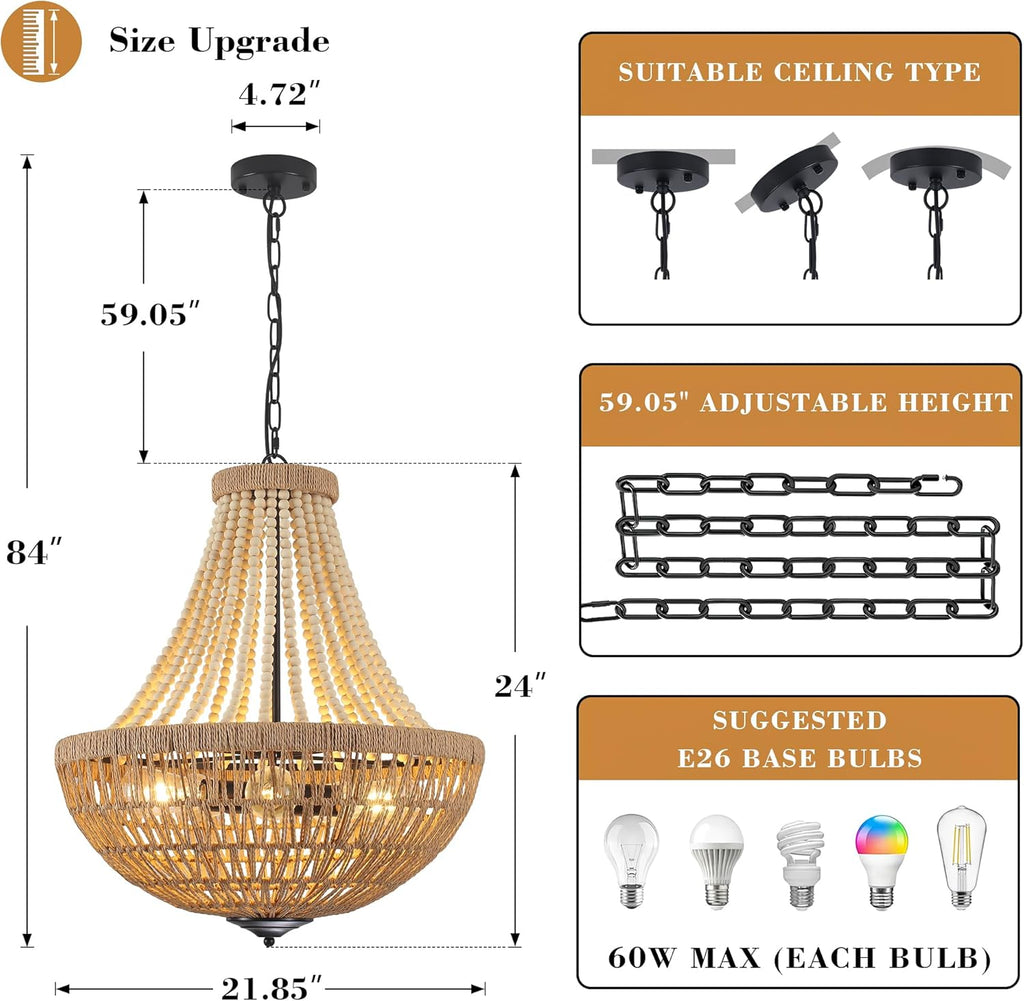22" Wood Beaded Chandelier Boho Farmhouse Pendant Light Fixtures Bohemia Hand-Woven Rattan Chandeliers for Dining Room Kitchen Island Living Room 5-Lights