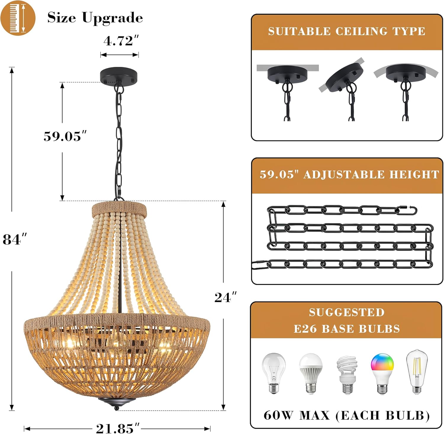22" Wood Beaded Chandelier Boho Farmhouse Pendant Light Fixtures Bohemia Hand-Woven Rattan Chandeliers for Dining Room Kitchen Island Living Room 5-Lights
