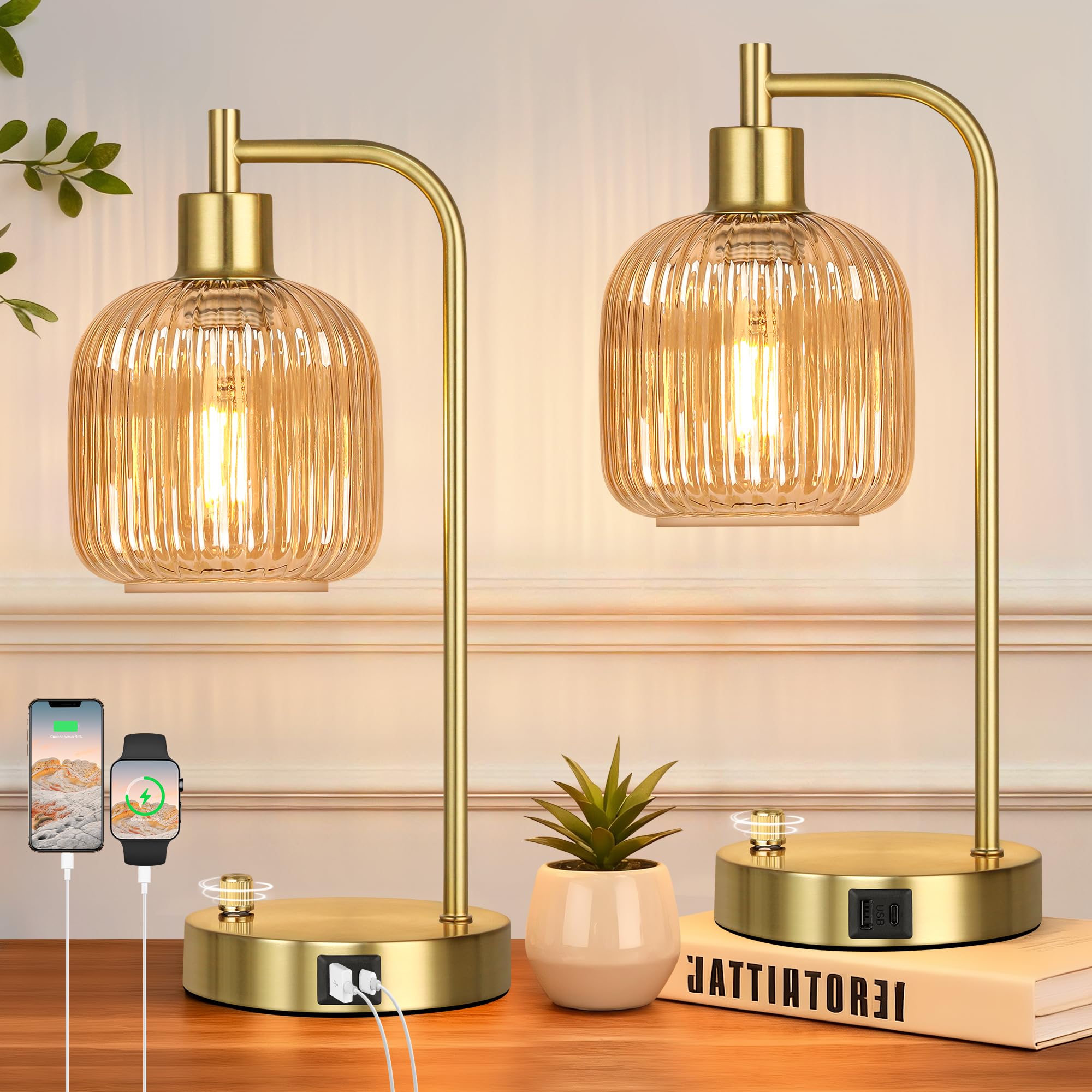 QiMH Industrial Table Lamp for Bedroom Set of 2, Green Glass Beside Lamp with USB A&C Ports, Stepless Dimmable Gold Lamps, Nightstand Lamps for Living Room, Office, Home Decor(Bulb Included)