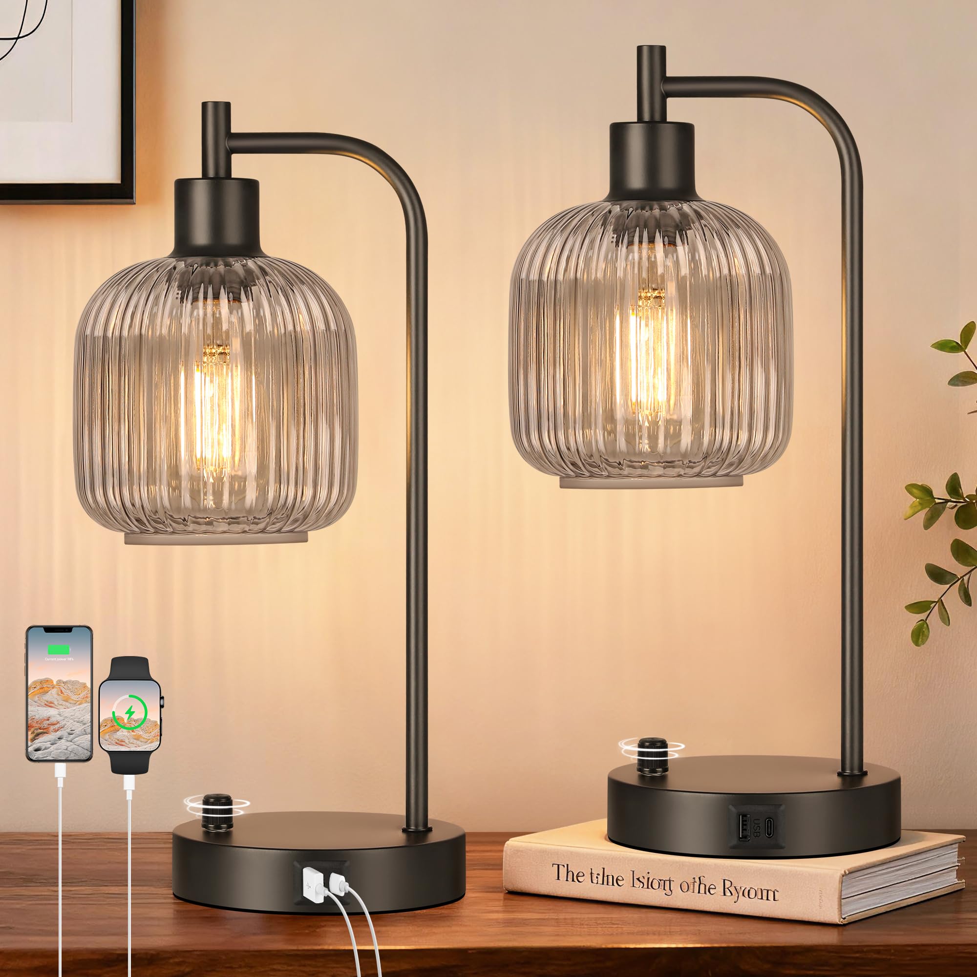 QiMH Industrial Table Lamp for Bedroom Set of 2, Green Glass Beside Lamp with USB A&C Ports, Stepless Dimmable Gold Lamps, Nightstand Lamps for Living Room, Office, Home Decor(Bulb Included)