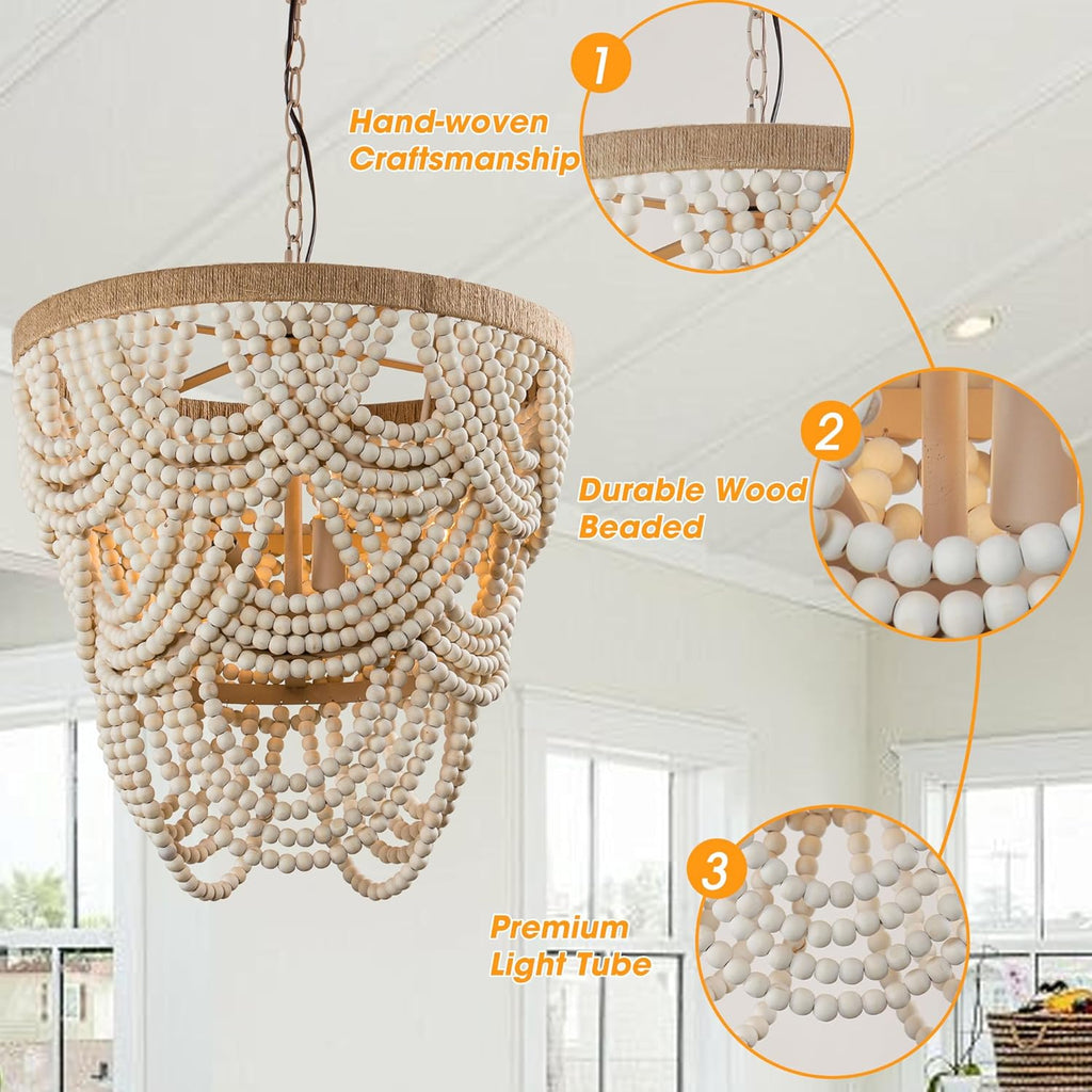 Rustic Chandeliers Farmhouse Wooden Beaded Chandelier Lights, 4-Light Pendant Light Fixture for Dining Room Living Room, 39.4" Adjustable Chain, E12 Socket, 40W Max Each (Bulbs Not Included)