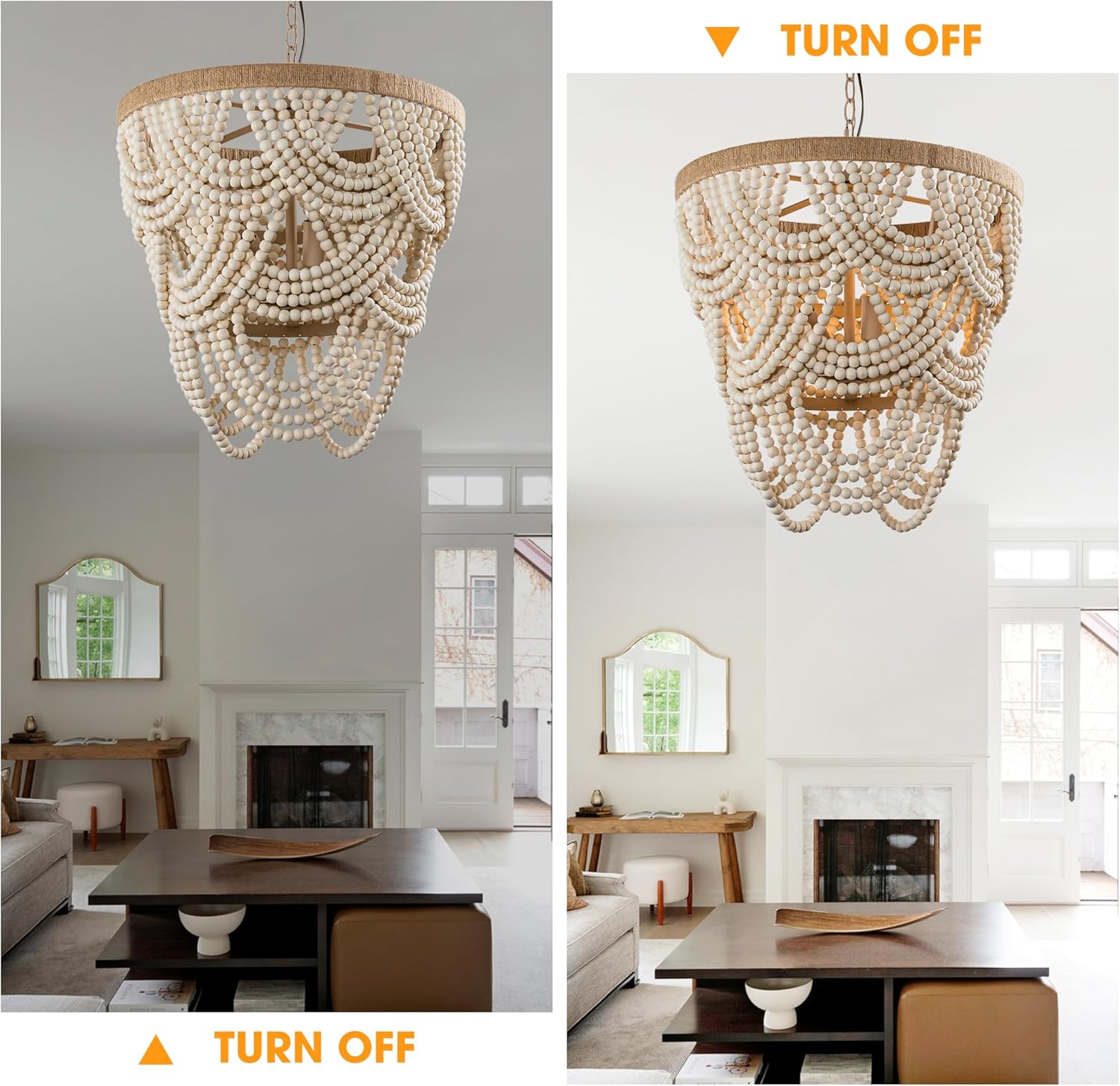 Rustic Chandeliers Farmhouse Wooden Beaded Chandelier Lights, 4-Light Pendant Light Fixture for Dining Room Living Room, 39.4" Adjustable Chain, E12 Socket, 40W Max Each (Bulbs Not Included)