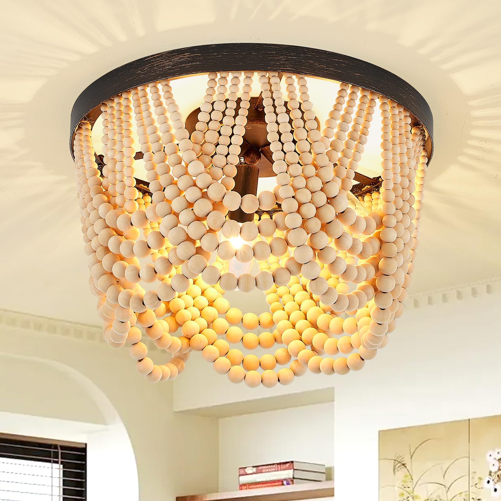 VILUXY Bohemia Wood Beaded Pendant Lights Antique Rustic Mini Chandelier White Finishing for Bedroom, Nursery Room, Girl Room, Hallway, Entryway, Passway, Dining Room, 3-Light