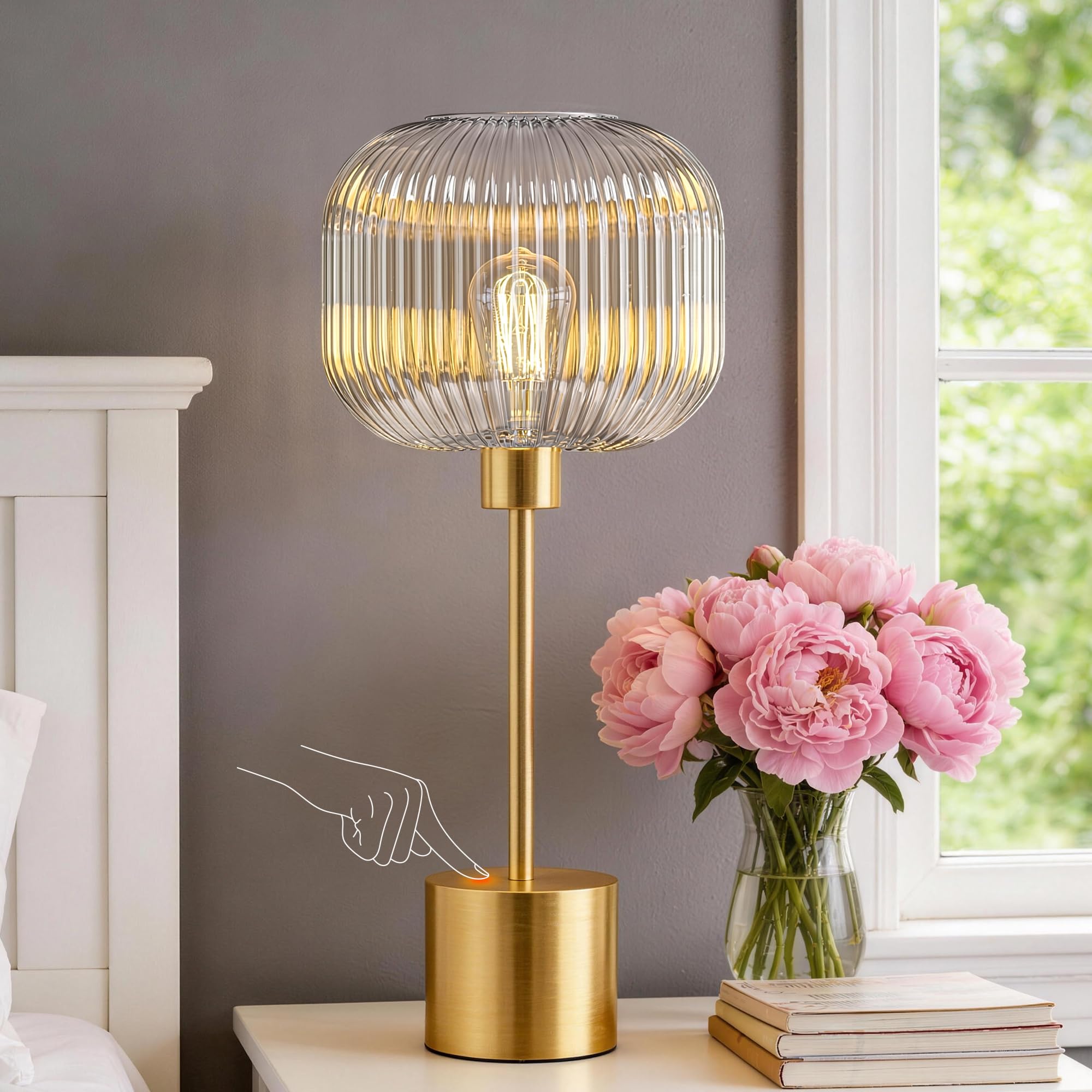 QiMH Glass Table Lamp for Living Room, Modern Bedside Lamp with Green Ribbed Glass Shade, 3-Way Dimmable Touch Control Nightstand Lamp for Bedroom, Brushed Gold (2700K LED Bulb Included)