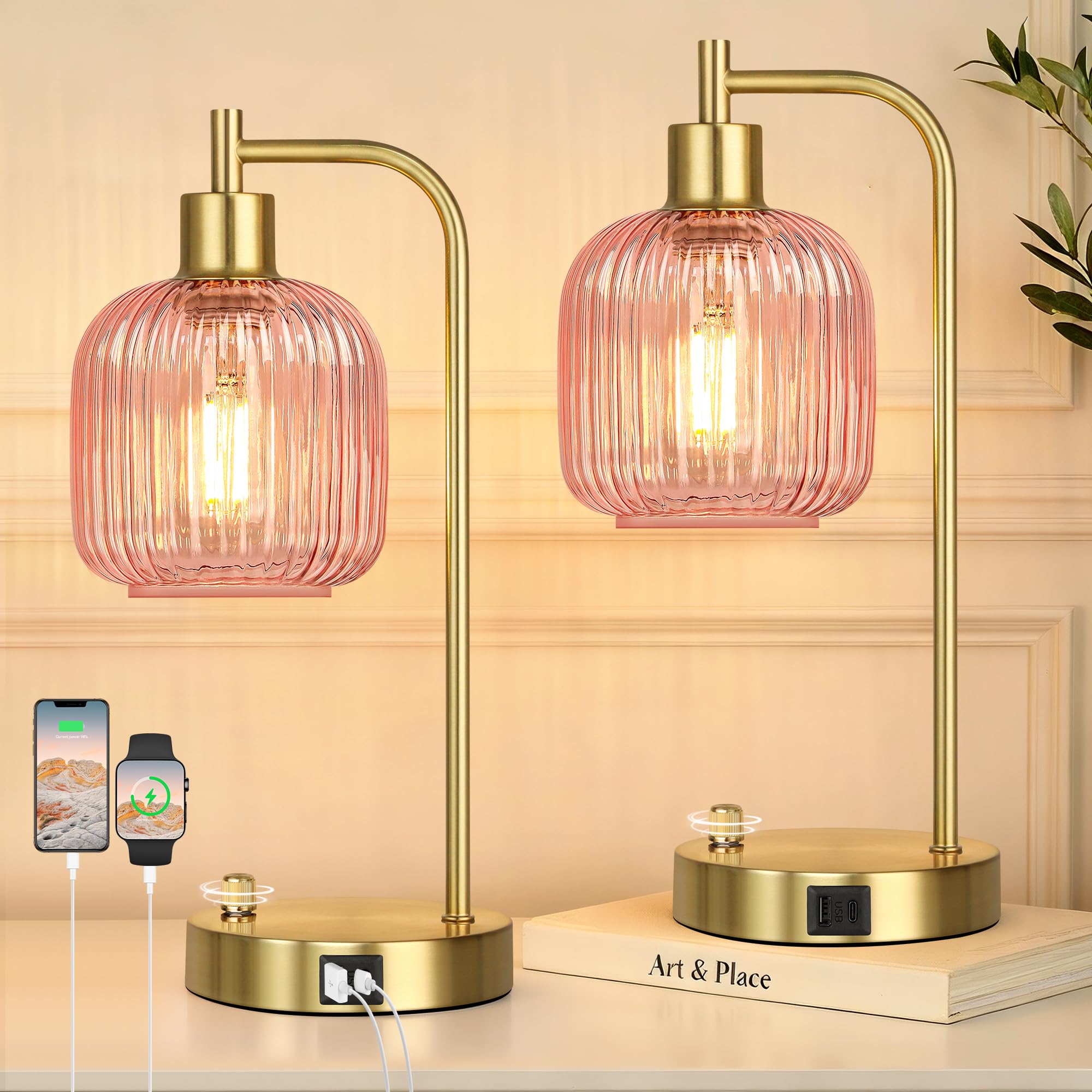 QiMH Industrial Table Lamp for Bedroom Set of 2, Green Glass Beside Lamp with USB A&C Ports, Stepless Dimmable Gold Lamps, Nightstand Lamps for Living Room, Office, Home Decor(Bulb Included)