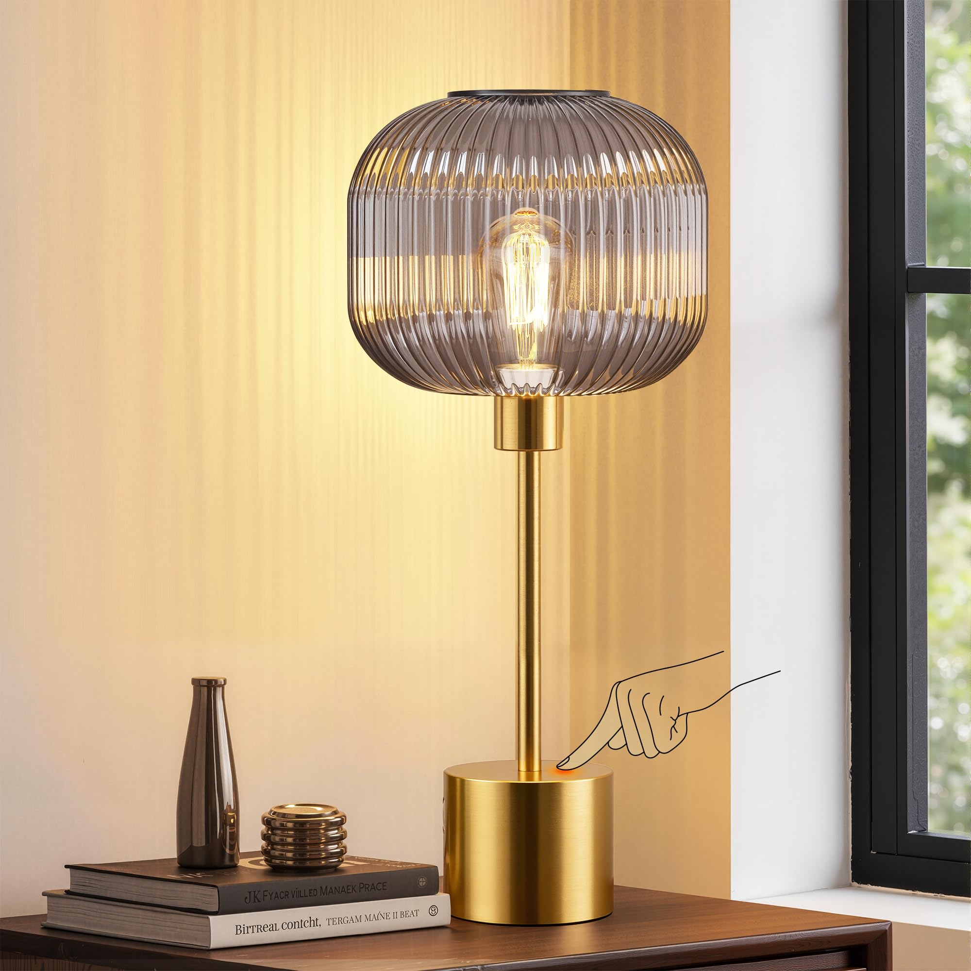 QiMH Glass Table Lamp for Living Room, Modern Bedside Lamp with Green Ribbed Glass Shade, 3-Way Dimmable Touch Control Nightstand Lamp for Bedroom, Brushed Gold (2700K LED Bulb Included)