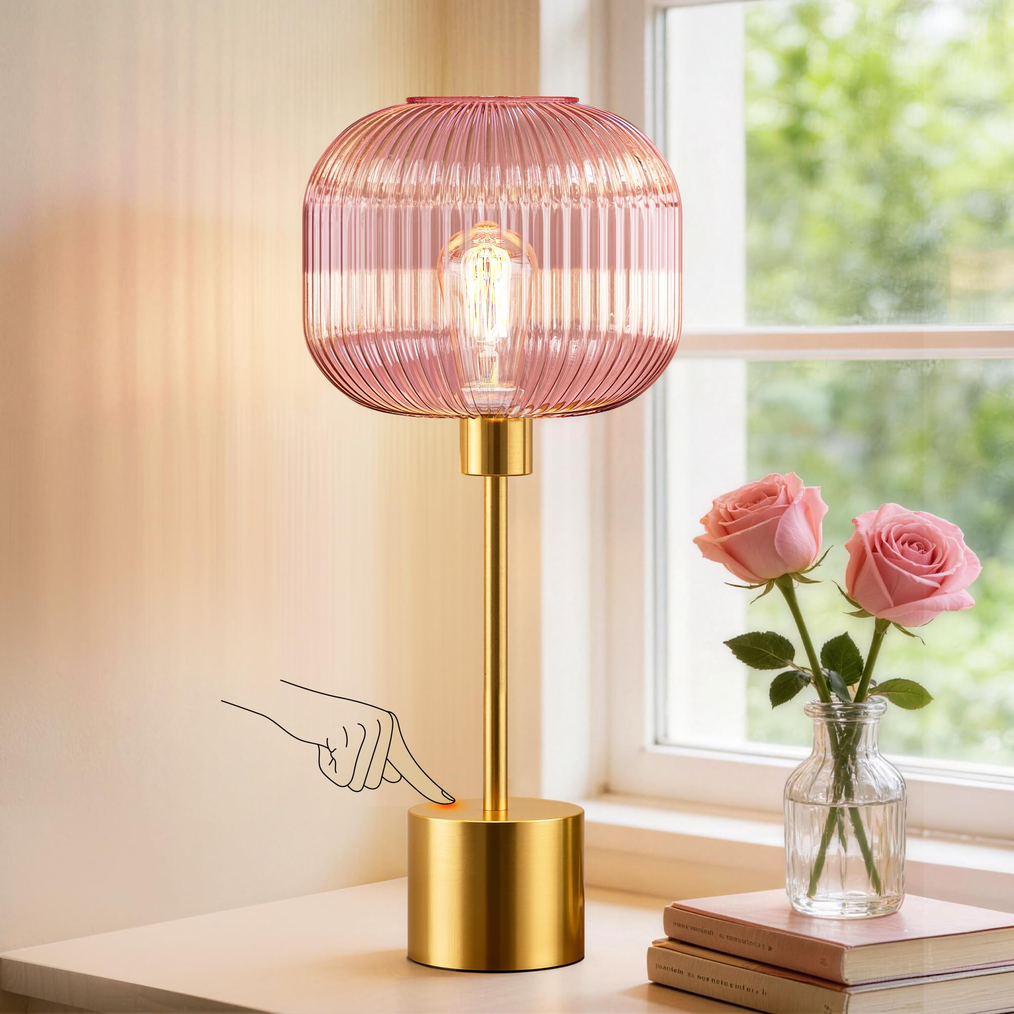 QiMH Glass Table Lamp for Living Room, Modern Bedside Lamp with Green Ribbed Glass Shade, 3-Way Dimmable Touch Control Nightstand Lamp for Bedroom, Brushed Gold (2700K LED Bulb Included)