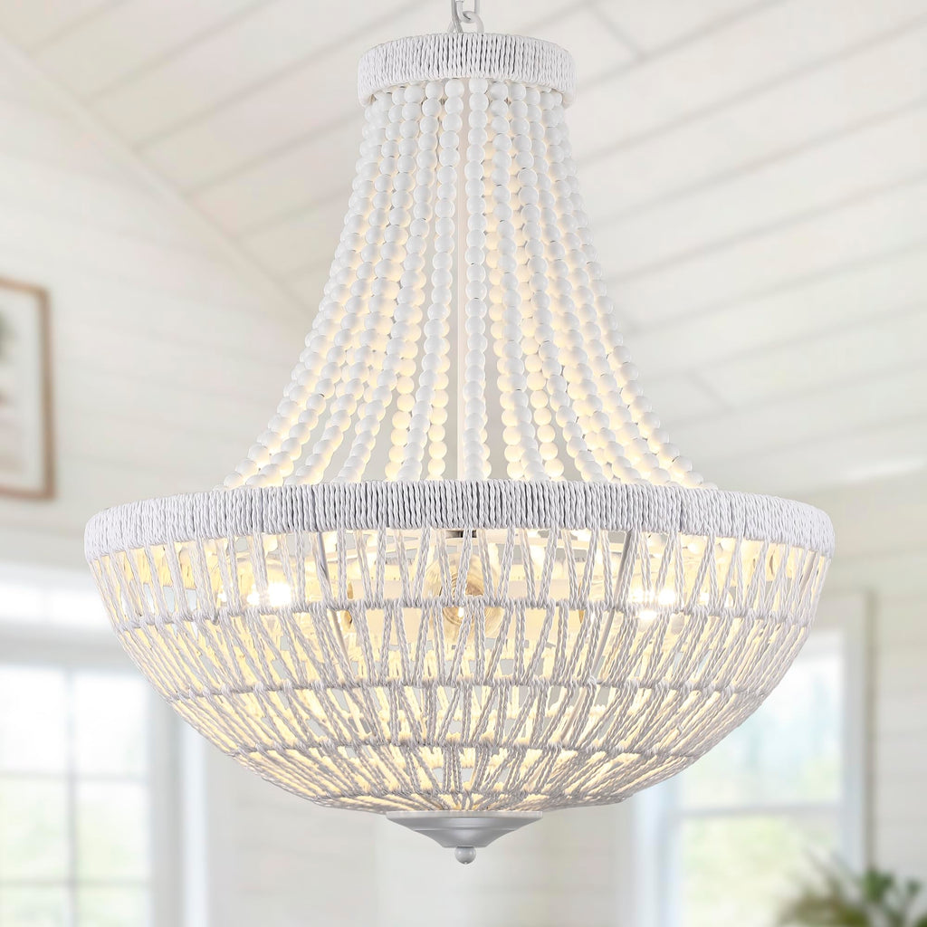 22" Wood Beaded Chandelier Boho Farmhouse Pendant Light Fixtures Bohemia Hand-Woven Rattan Chandeliers for Dining Room Kitchen Island Living Room 5-Lights