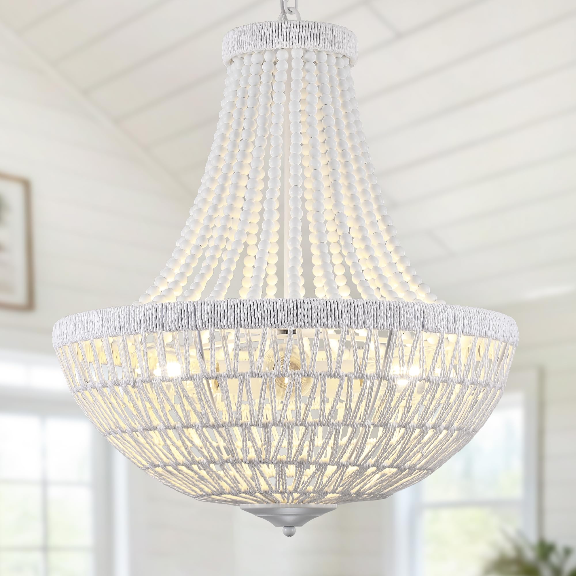 22" Wood Beaded Chandelier Boho Farmhouse Pendant Light Fixtures Bohemia Hand-Woven Rattan Chandeliers for Dining Room Kitchen Island Living Room 5-Lights